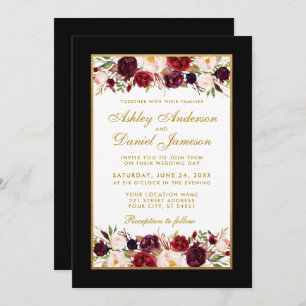Invitación Boda elegante Burgundy Floral Black Gold Photo
