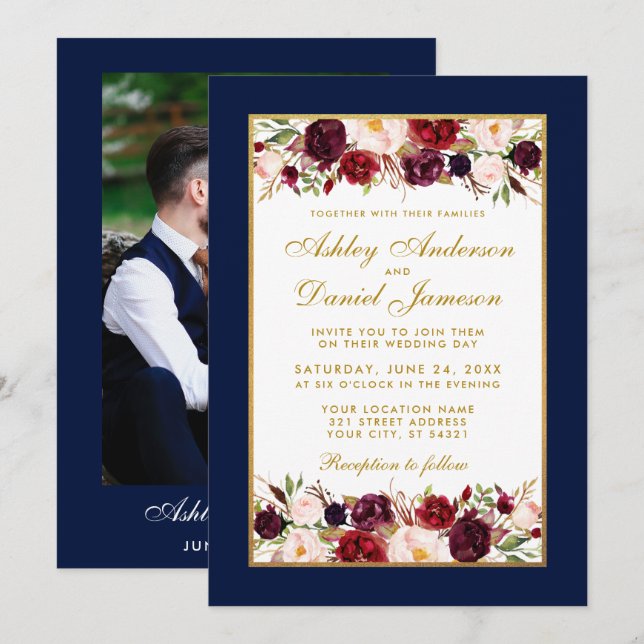 Invitación Boda elegante Burgundy Floral Blue Gold Photo (Anverso / Reverso)