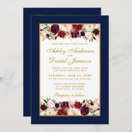 Invitación Boda elegante Burgundy Floral Blue Gold Photo