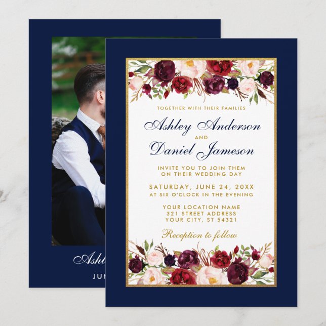 Invitación Boda Elegante Burgundy Floral Gold Blue Photo (Anverso / Reverso)