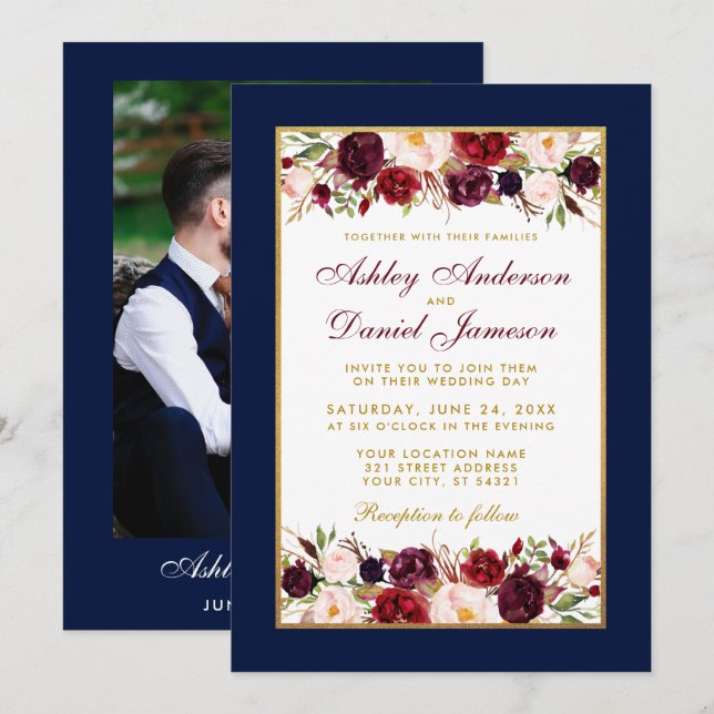 Invitación Boda Elegante Burgundy Floral Photo Blue Gold (Anverso / Reverso)