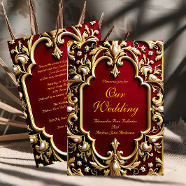 Invitación Boda elegante burgundy oro ornamentado perlas roja