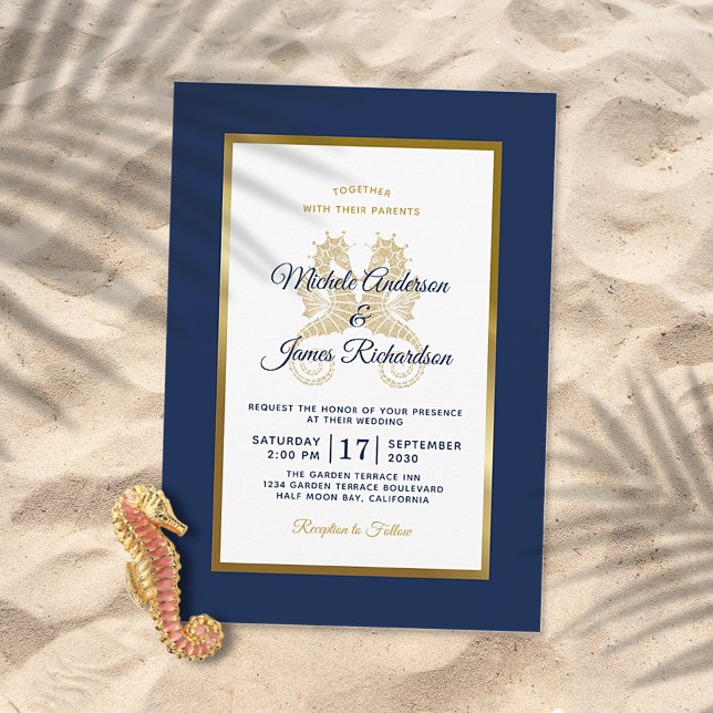 Invitación Boda elegante caballitos de mar azul navy oro mode (Subido por el creador)