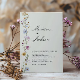 Invitación Boda Elegante Caligrafía Flores Silvestres Bohemio