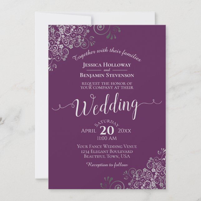 Invitación Boda Elegante Caligrafía Plum Purple Plata (Anverso)