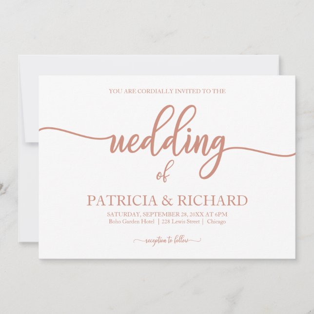 Invitación Boda Elegante Caligrafía Rosa Dorado (Anverso)