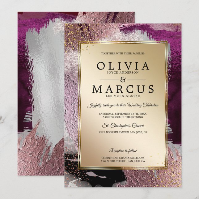 Invitación Boda | Elegante Cepillo de Cepillo de Oro (Anverso / Reverso)