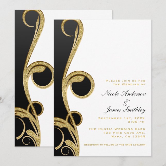 Invitación Boda Elegante Chic de Oro Negro Blanco con Remolin (Anverso / Reverso)
