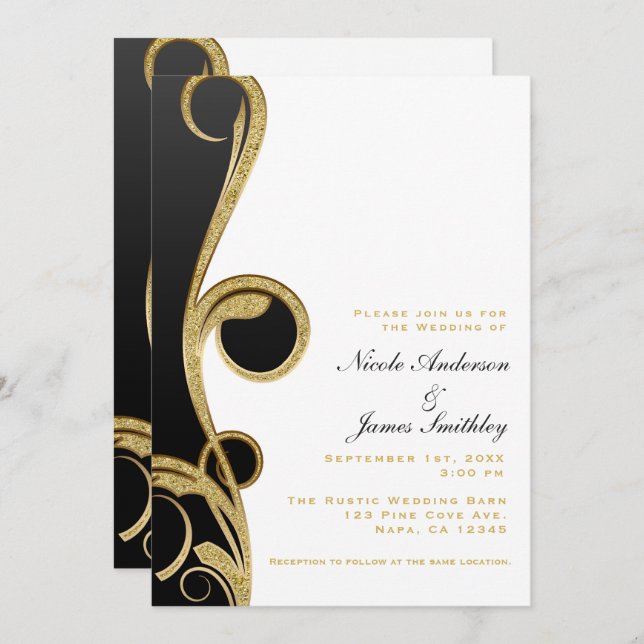 Invitación Boda Elegante Chic Dorado Negro Remolino (Anverso / Reverso)