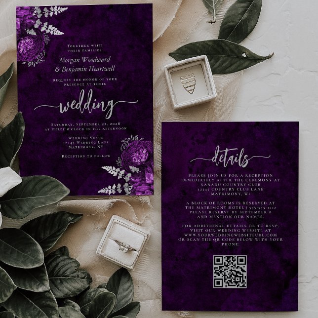 Invitación Boda elegante ciruela floral código QR plata (Subido por el creador)