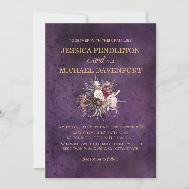 Invitación Boda Elegante Ciruela Rosa Crema (Anverso)