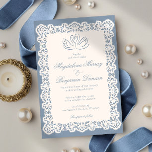 Invitación Boda Elegante Cisne Azul Polvo Encaje Marfil Antig