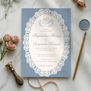 Invitación Boda Elegante Cisne Azul Polvo Encaje Marfil Antig