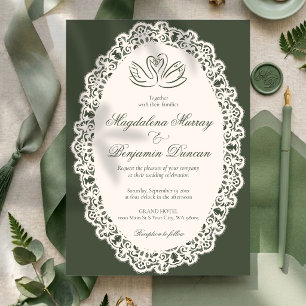 Invitación Boda Elegante Cisne de Encaje Vintage Verde Oliva