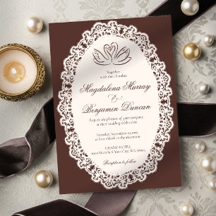Invitación Boda Elegante Cisne Marrón Encaje Marfil Antiguo