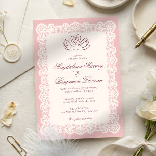Invitación Boda Elegante Cisne Rosa Clásico con Encaje de Mar