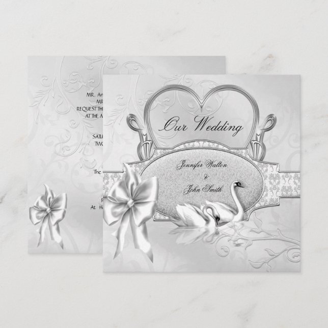 Invitación Boda elegante cisnes blancos plata corazón arco (Anverso / Reverso)