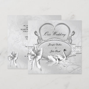 Invitación Boda elegante cisnes blancos plata corazón arco