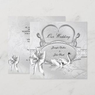 Invitación Boda elegante cisnes blancos plata corazón arco