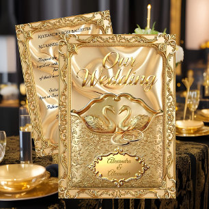 Invitación Boda elegante cisnes dorados anillos oro diamantes