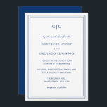 Invitación Boda elegante clásica azul de la Marina Gertrude<br><div class="desc">Invitación a una boda azul marino de estilo clásico con un diseño sencillo y mínimo, con tu monograma en la parte superior y tus detalles del evento rodeados de un borde doble. Los tipos de letra alternan entre y el guión elegante, un serif tradicional y sans serif minimalistas. Esta invitación...</div>
