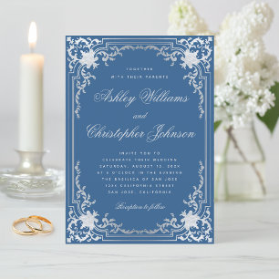 Invitación Boda Elegante Clásica Azul Vintage con Plata Falsa