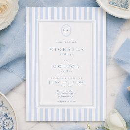 Invitación Boda Elegante Clásica con Raya Azul y Monograma