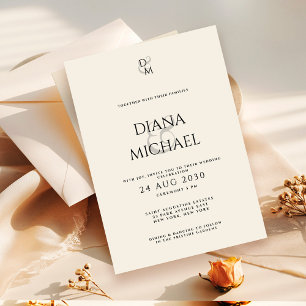 Invitación Boda Elegante Clásica en Negro y Marfil con Monogr