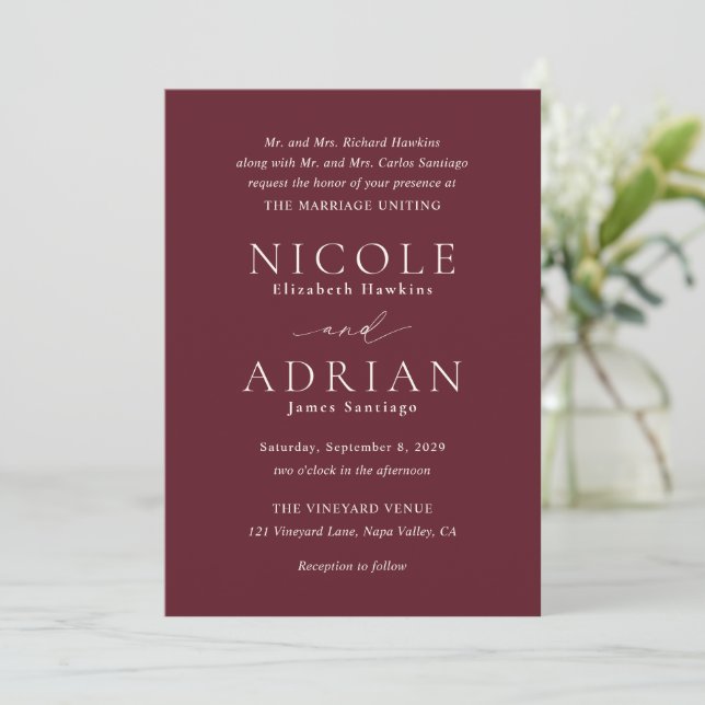 Invitación Boda elegante clásico de Borgoña (Anverso de pie)