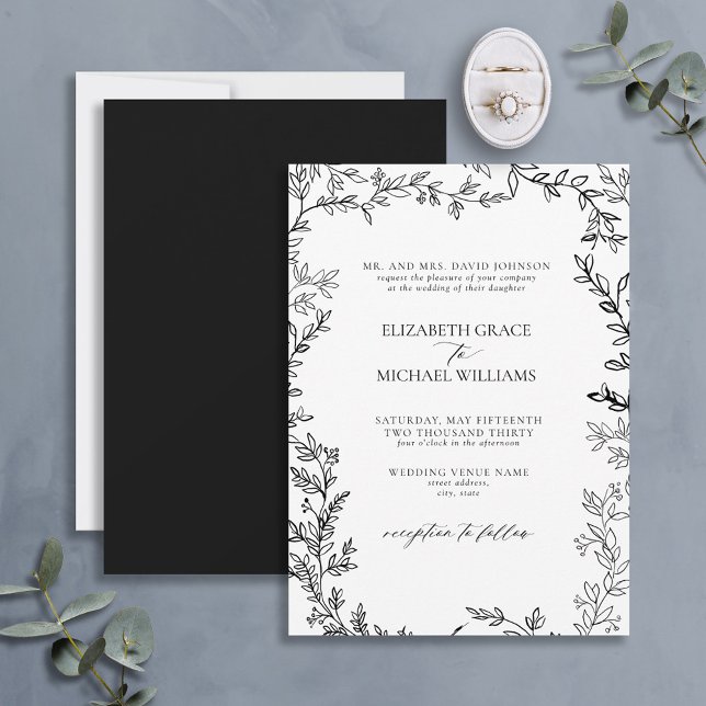 Invitación Boda elegante clásico de cuero blanco negro (Subido por el creador)