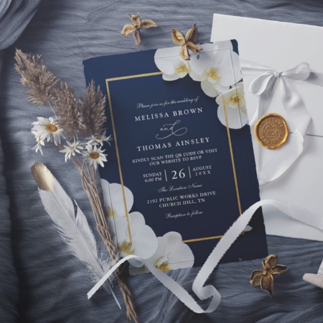Invitación boda elegante código qr chic orquídea blanca flore (Subido por el creador)