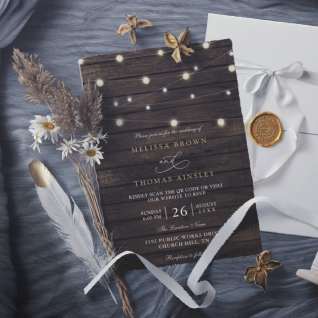 Invitación Boda elegante código QR madera de granero chic rús (Subido por el creador)