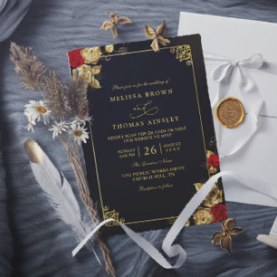 Invitación Boda elegante código QR rojo dorado y negro de luj