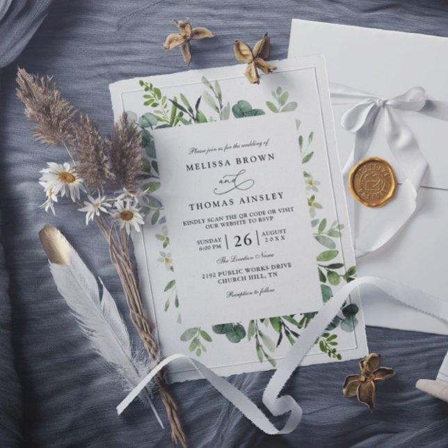 Invitación Boda Elegante Código QR Verde Rústico Botánico (Subido por el creador)