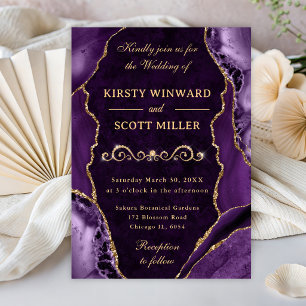 Invitación Boda Elegante con Acento de Oro y Ágata Púrpura 