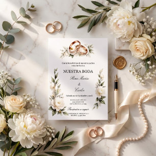 Invitación Boda Elegante con Anillos Dorados y Flores Blancas