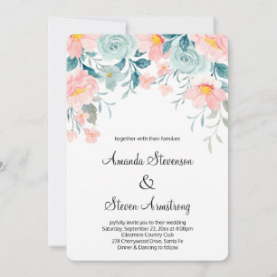Invitación Boda elegante con borde floral rosa y verde