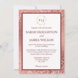 Invitación Boda elegante con brillo de oro rosa y burgundy