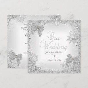 Invitación Boda elegante con brillo plata y lazo blanco