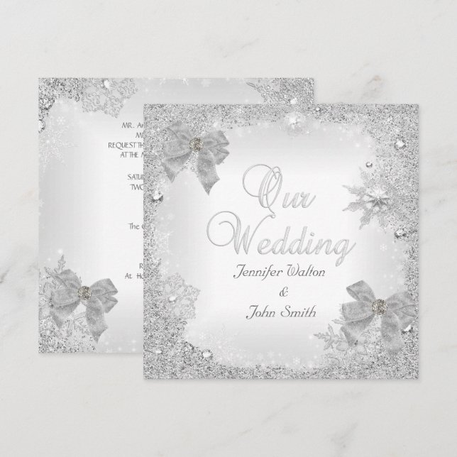 Invitación Boda elegante con brillo plata y lazo blanco (Anverso / Reverso)
