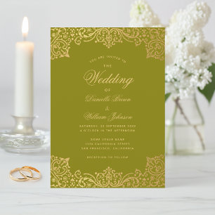 Invitación Boda elegante con caligrafía vintage en oro y oliv