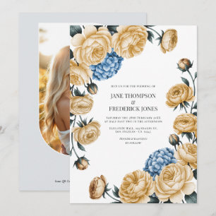 Invitación Boda elegante con champán y flores azules polvorie