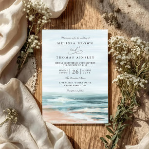 Invitación Boda elegante con código QR de destino de océano d