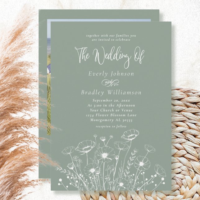 Invitación Boda elegante con código QR de flor silvestre verd (Subido por el creador)