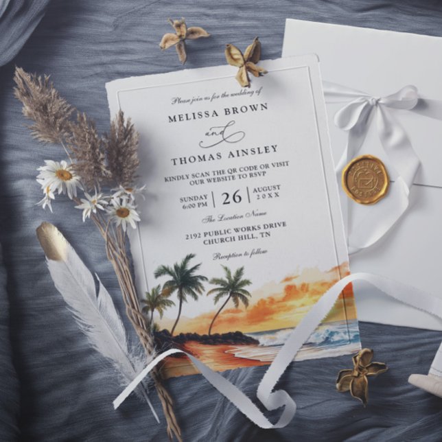 Invitación Boda elegante con código QR de playa tropical Maui (Subido por el creador)