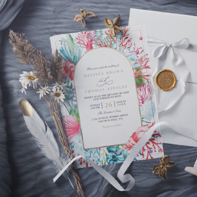 Invitación Boda elegante con código QR de vida marina turques (Subido por el creador)