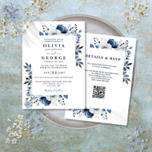 Boda elegante con código QR floral azul marino y b