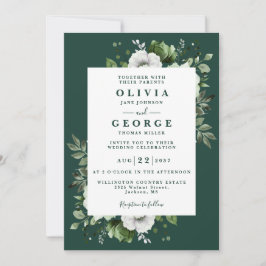 Invitación Boda elegante con código QR floral verde esmeralda
