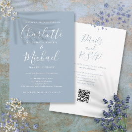 Invitación Boda elegante con código QR moderno en azul polvor