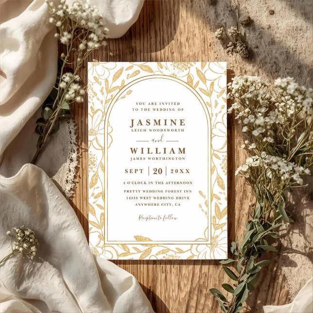 Invitación Boda elegante con código QR rodeado de flores dora (Subido por el creador)